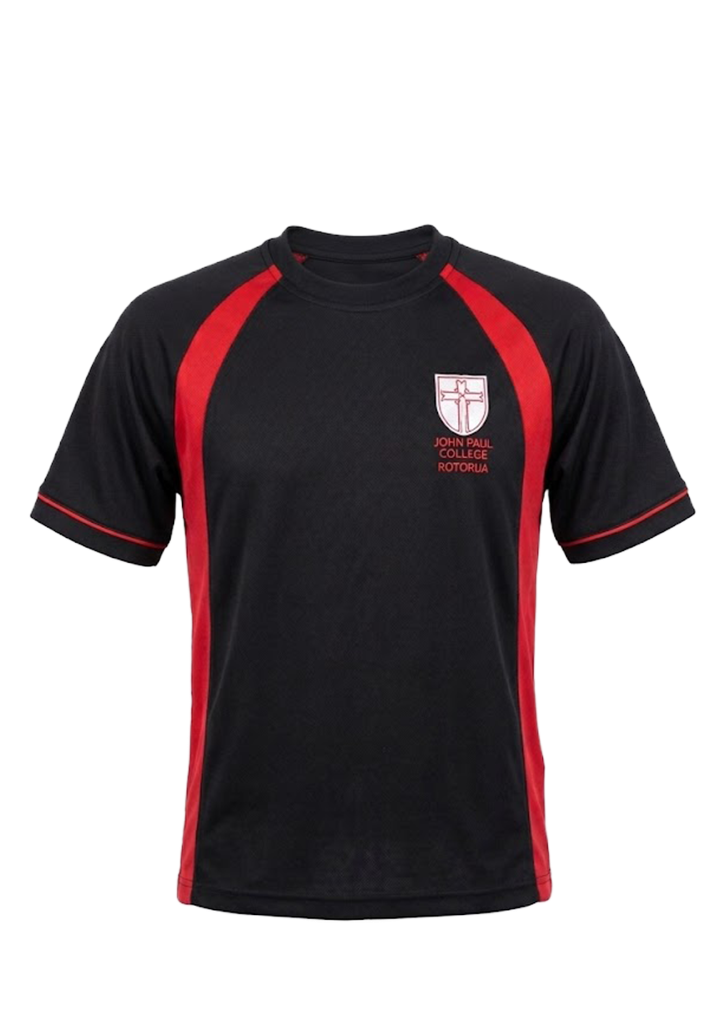 John Paul College PE Tee Black/Red